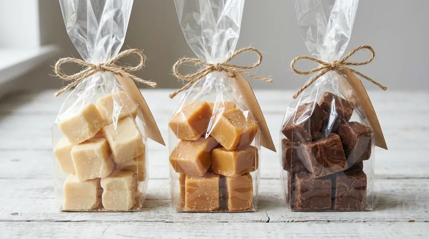 Fudge artigianale in sacchetti di cellophane trasparente con cartellini kraft e spago