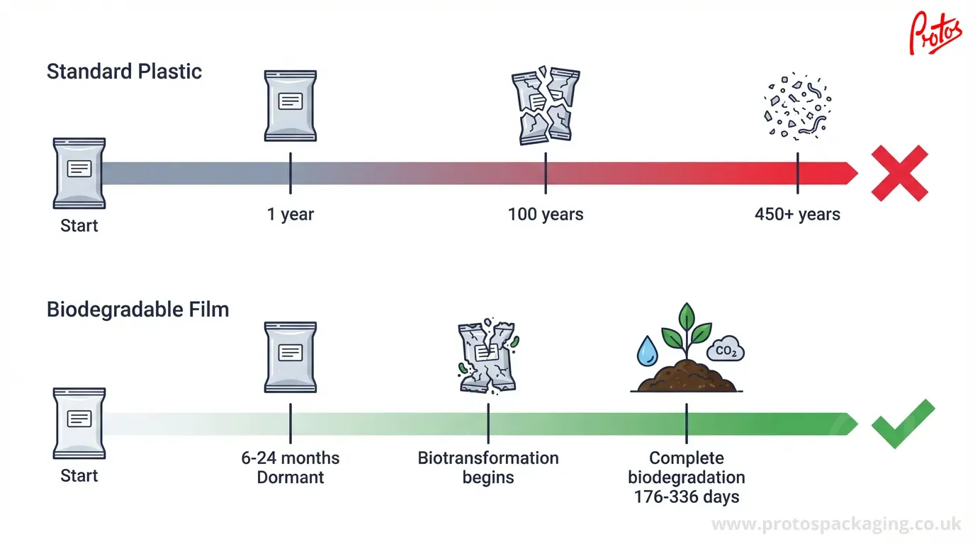 Comparación temporal mostrando plástico estándar persistiendo más de 450 años versus BOPP biodegradable biodegradándose completamente en menos de un año