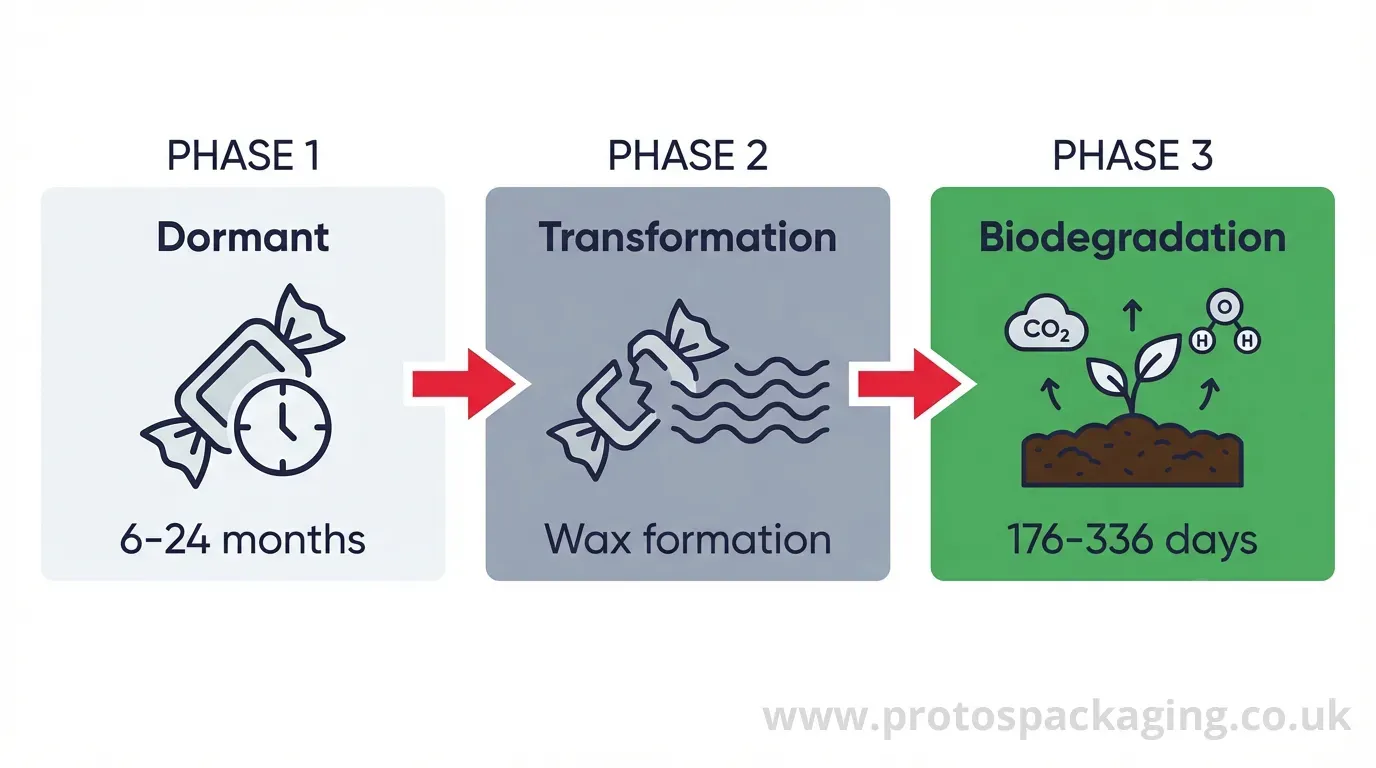 Proceso de biotransformación en tres fases: vida útil latente, transformación química a cera, y biodegradación por microorganismos