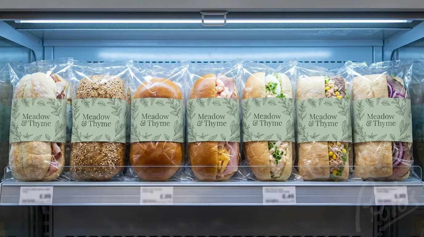 Vitrina refrigerada de supermercado mostrando bocadillos rellenos en bolsas BOPP impresas con marca artesana