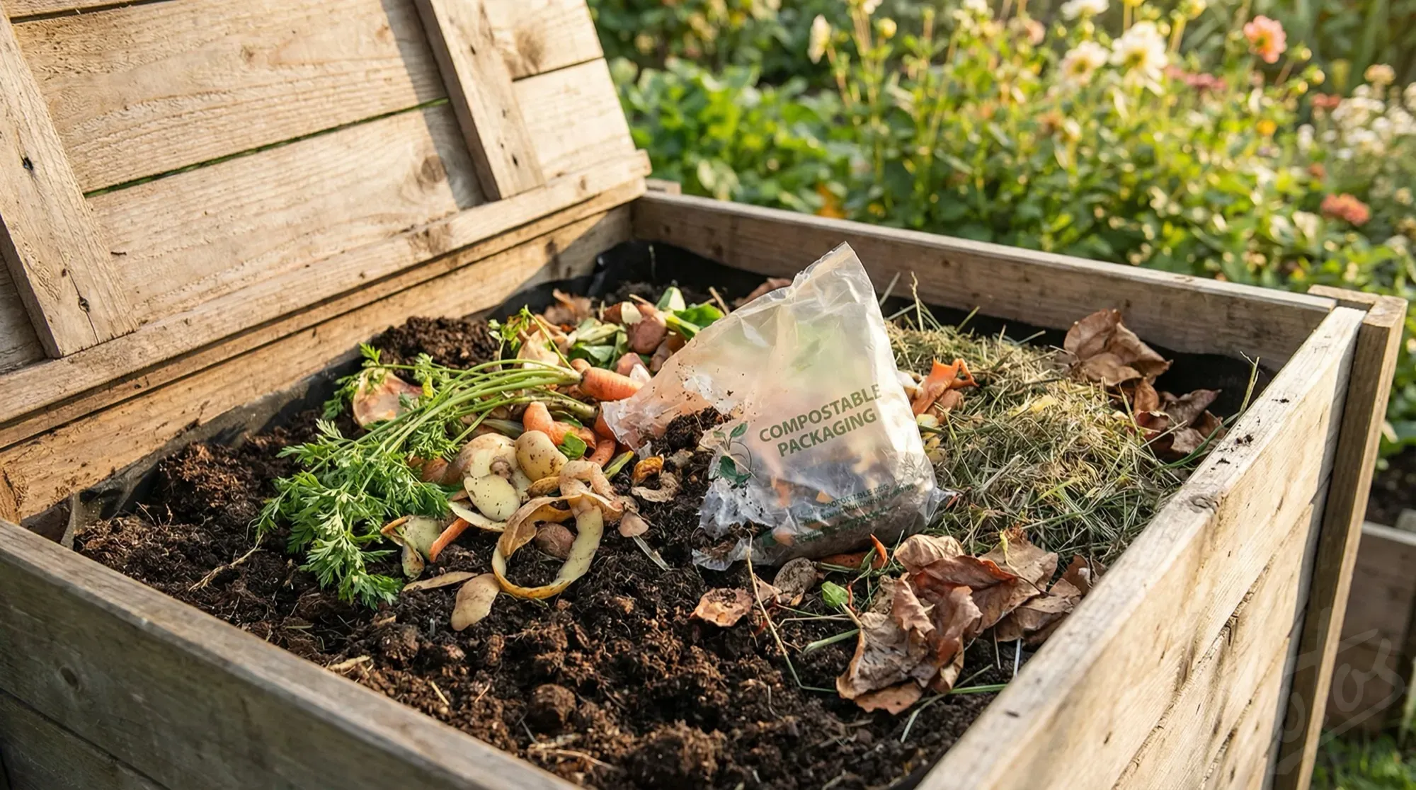 Imballaggio compostabile che si decompone naturalmente in un contenitore per compost domestico insieme a bucce di verdure