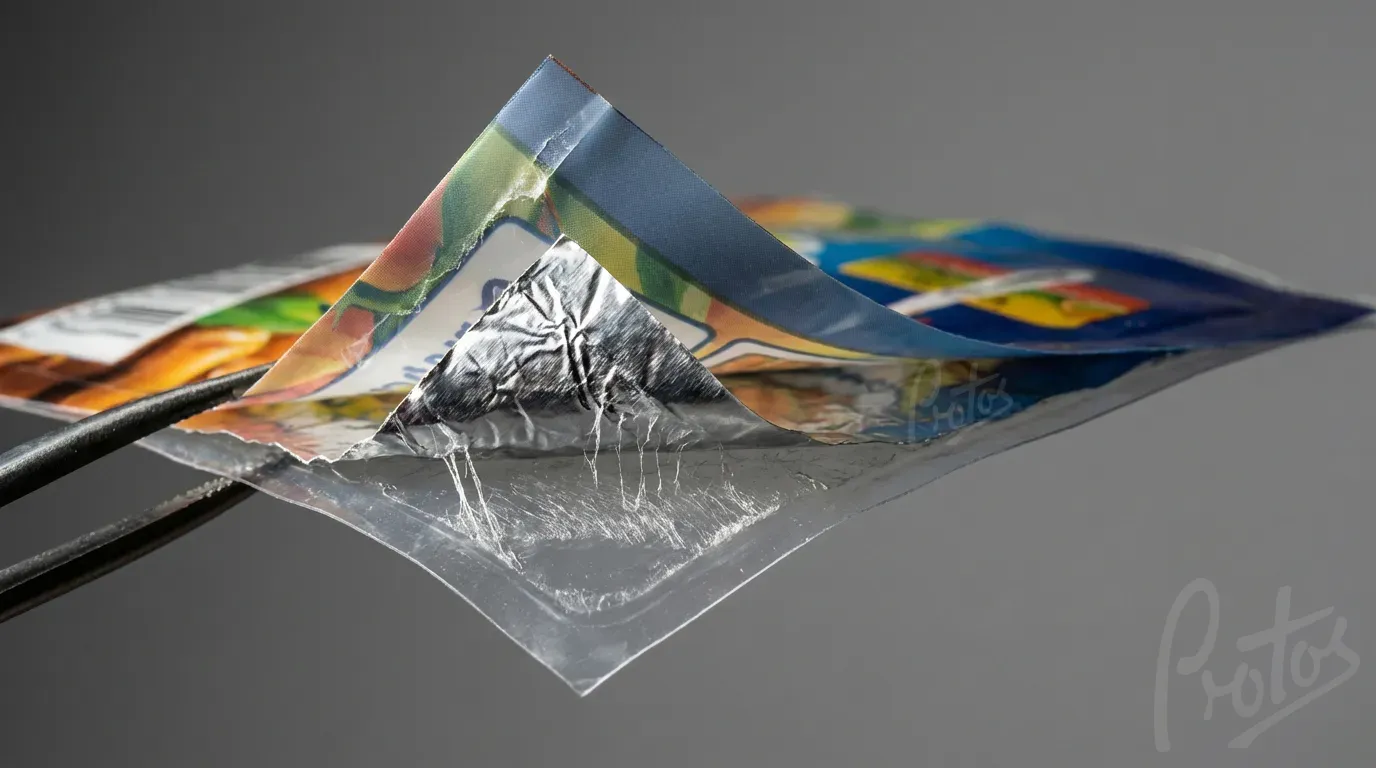 Sección transversal de un laminado de embalaje flexible mostrando capa exterior impresa, capa barrera y capa sellante de CPP