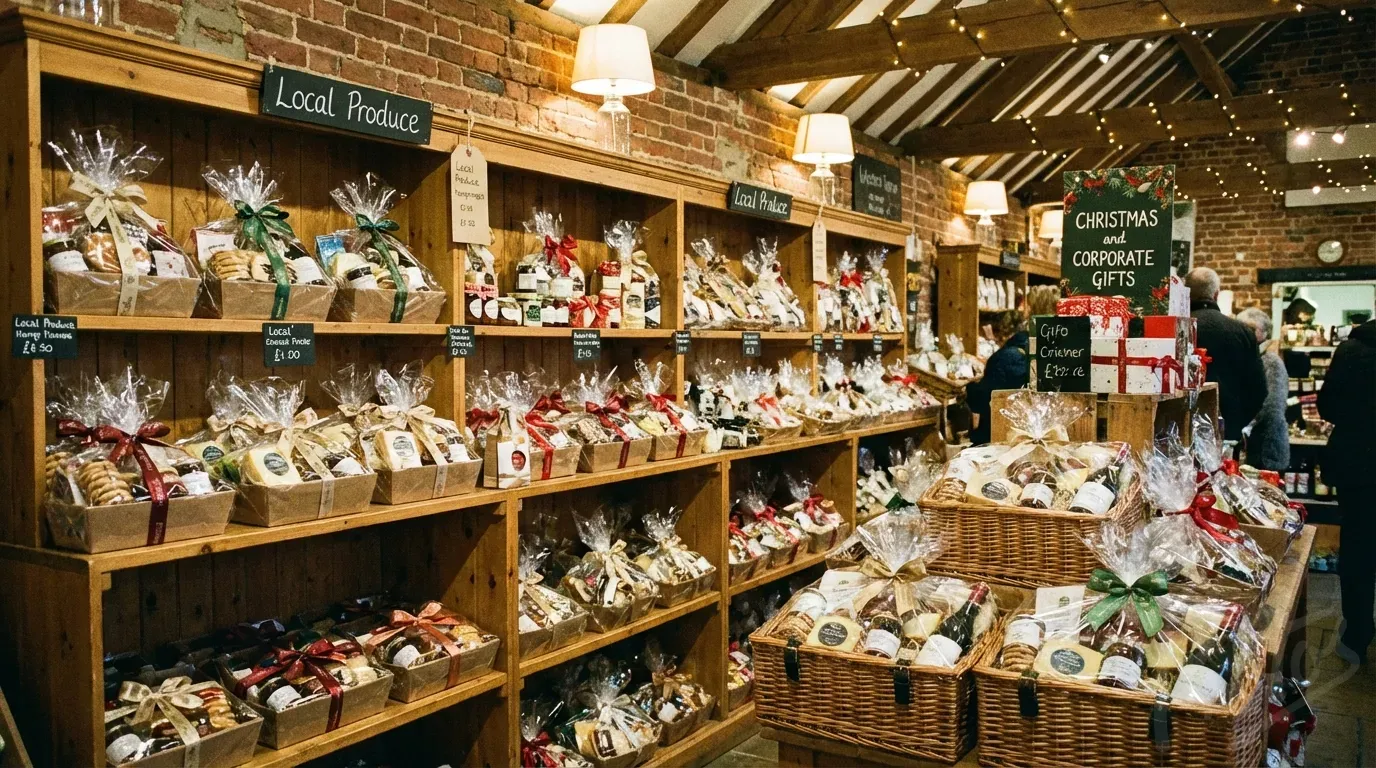 Kosze prezentowe owinięte celofanem na ekspozycji detalicznej