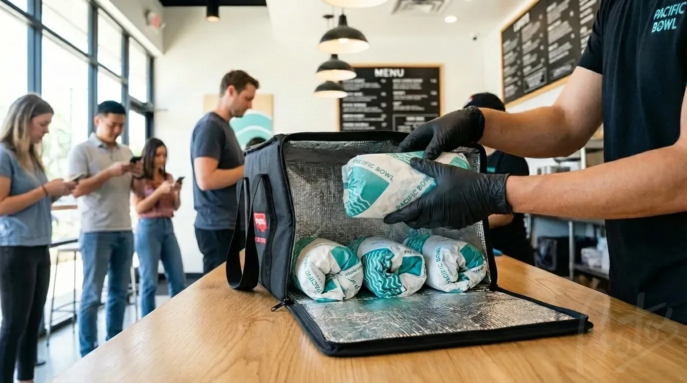 Burritos envueltos en papel con revestimiento de aluminio de marca siendo colocados en bolsa de reparto para comida para llevar