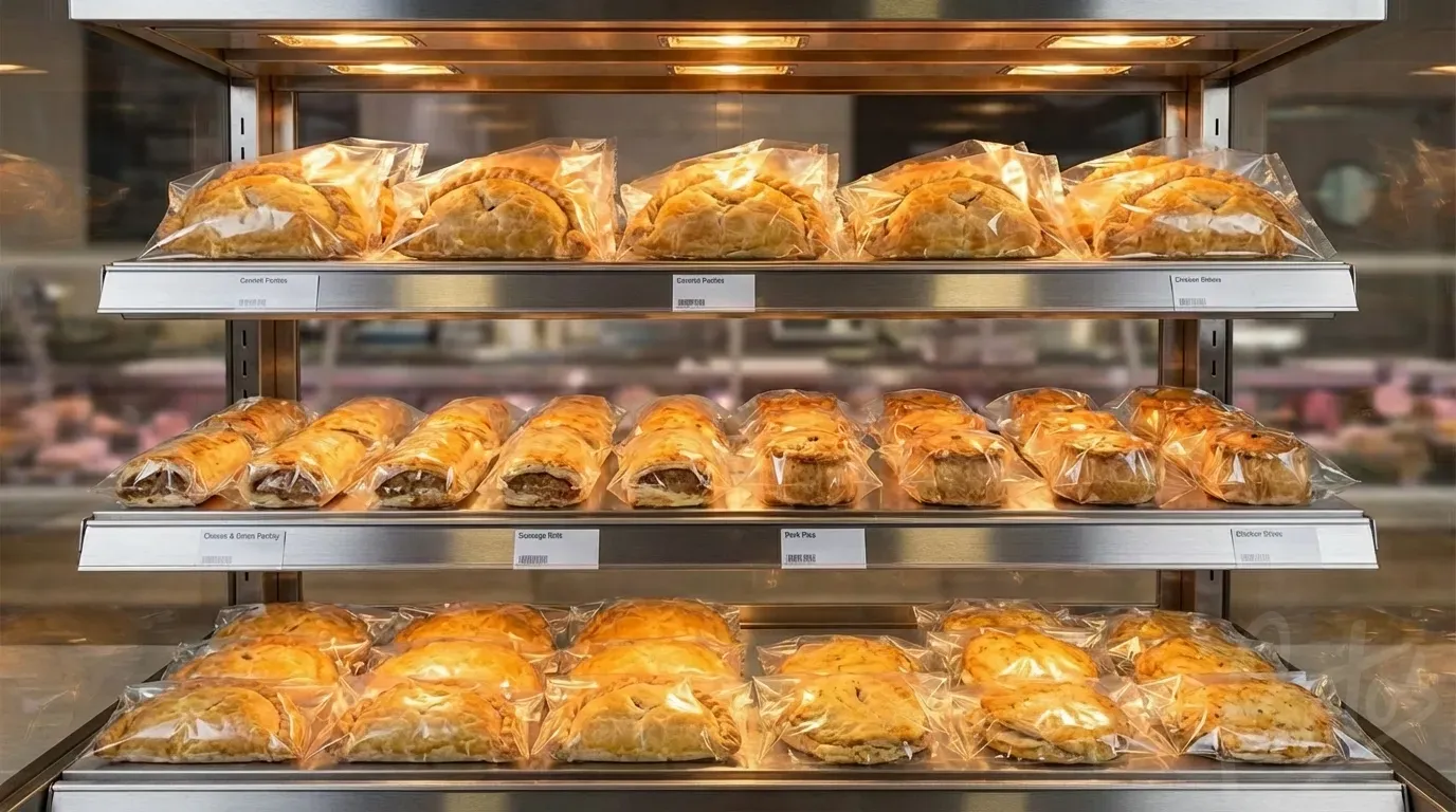 Mostrador de comida caliente de supermercado con empanadas y pasteles en bolsas BOPP transparentes bajo lamparas de calor