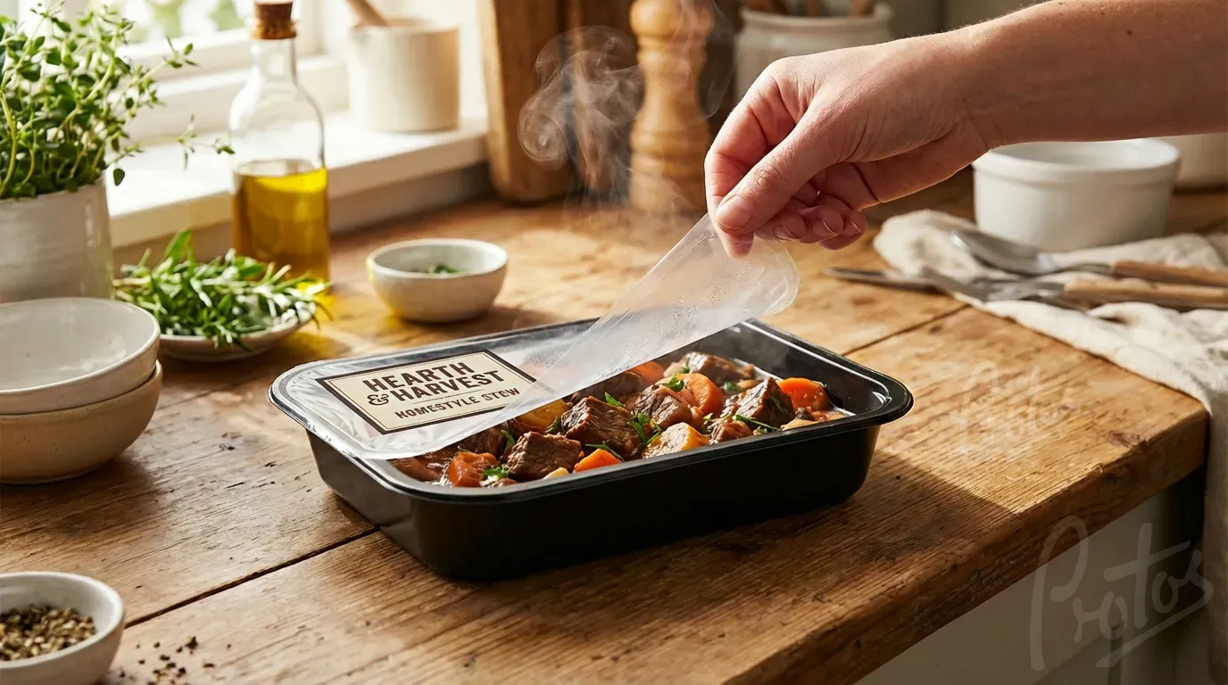 Verbund-Deckelfolie, die von Lebensmittelschale abgezogen wird und saubere Versiegelung und Antibeschlag-Klarheit zeigt