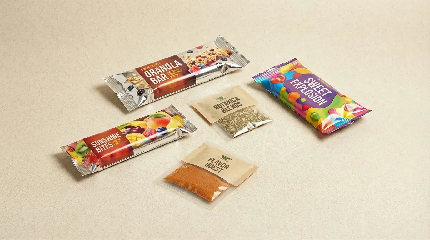 Auswahl an Verbundfolien-Verpackungsanwendungen einschließlich Kaffeebeutel, Snacktüten, Tiernahrungsverpackungen und Süßwarenverpackungen
