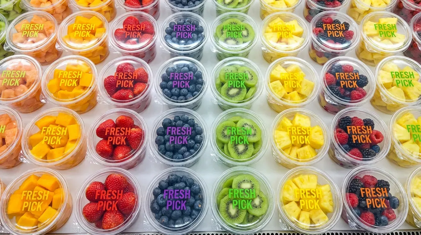 Bunte Frischobstbecher mit klarer Deckelfolie, die Regenbogen aus Mango, Erdbeeren, Blaubeeren und Kiwi zeigt