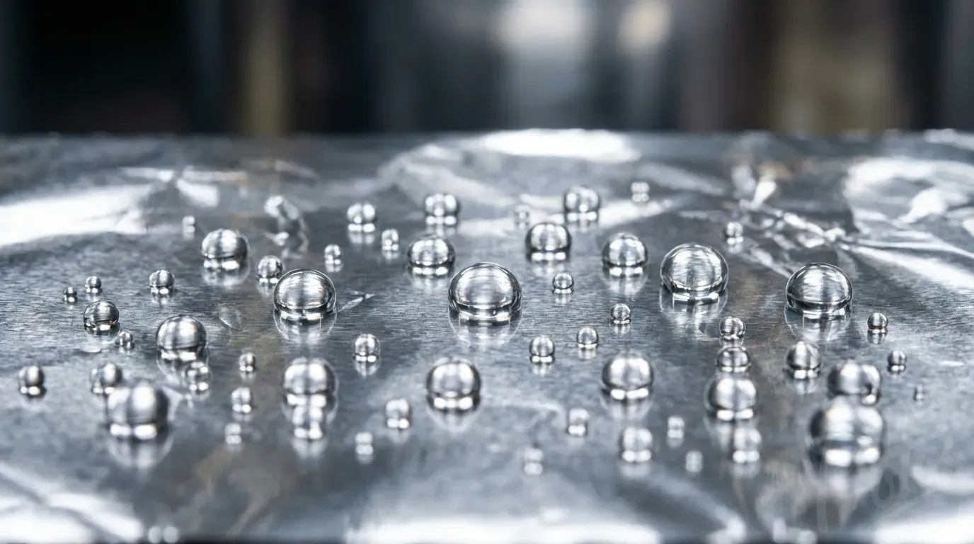 Gocce d'acqua che imperiano sulla superficie di un film barriera metallizzato dimostrando la protezione dall'umidita