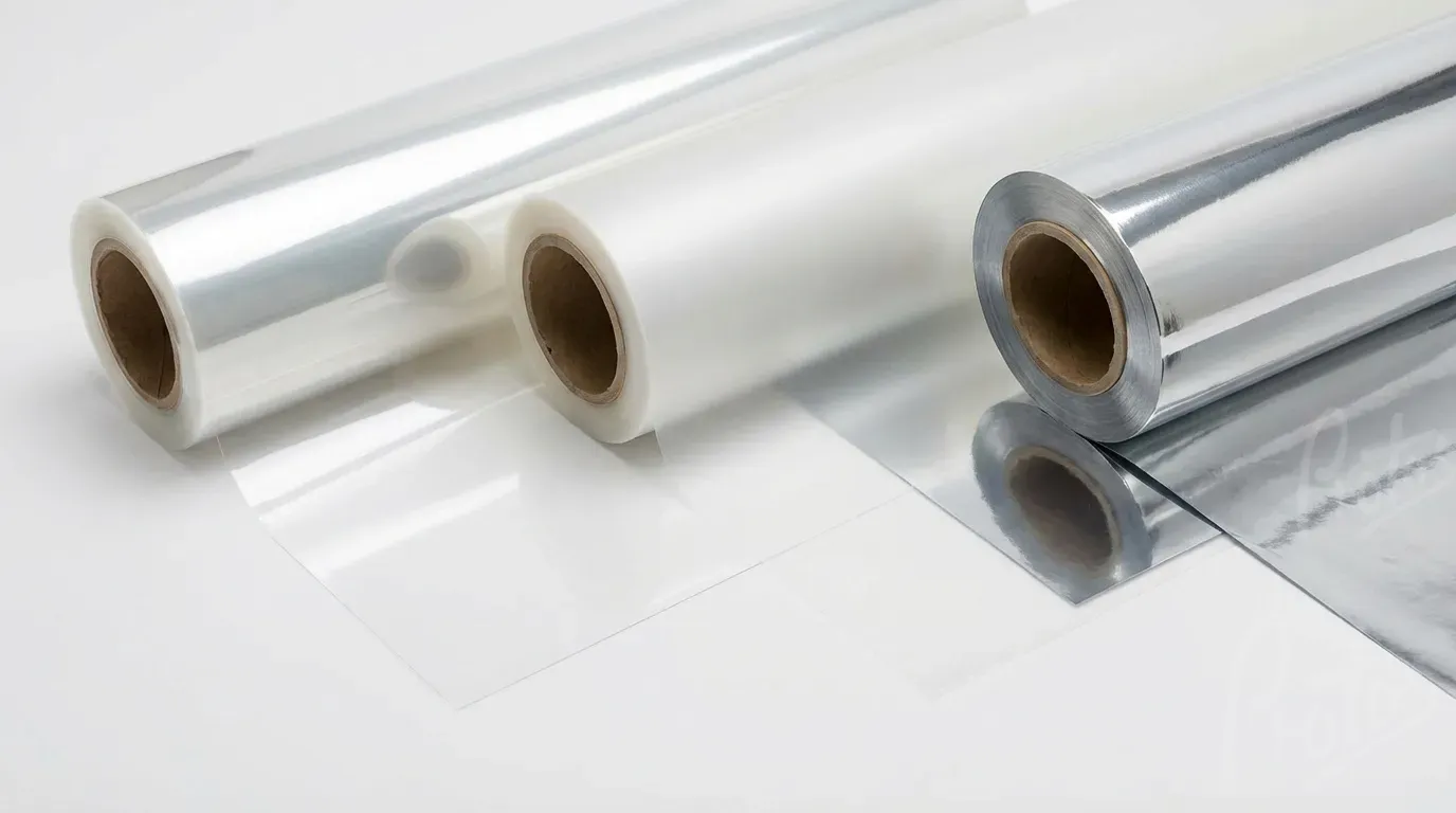 Gatunki folii NatureFlex na bobinach - przezroczysty gatunek barierowy NK, półprzepuszczalny gatunek NE i metalizowany gatunek NM