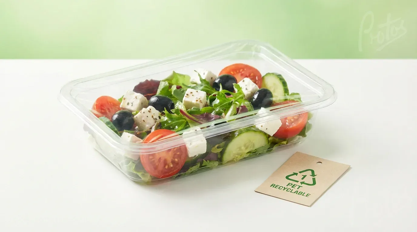 Klare PET-Schale mit PET-Deckelfolie enthält frischen Salat – zeigt recycelbare Monomaterial-Verpackung