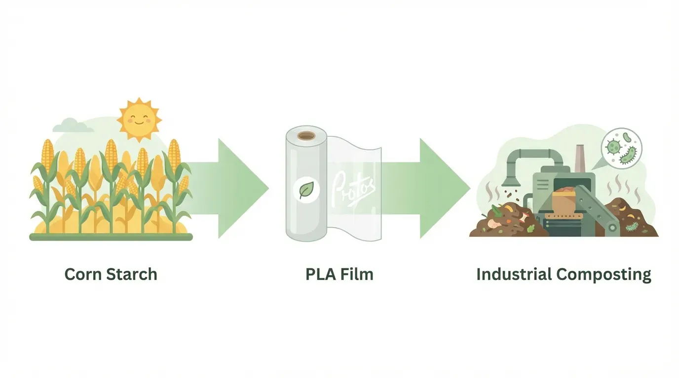 Infografica del ciclo di vita del PLA - dalla materia prima mais alla produzione del film al compostaggio industriale