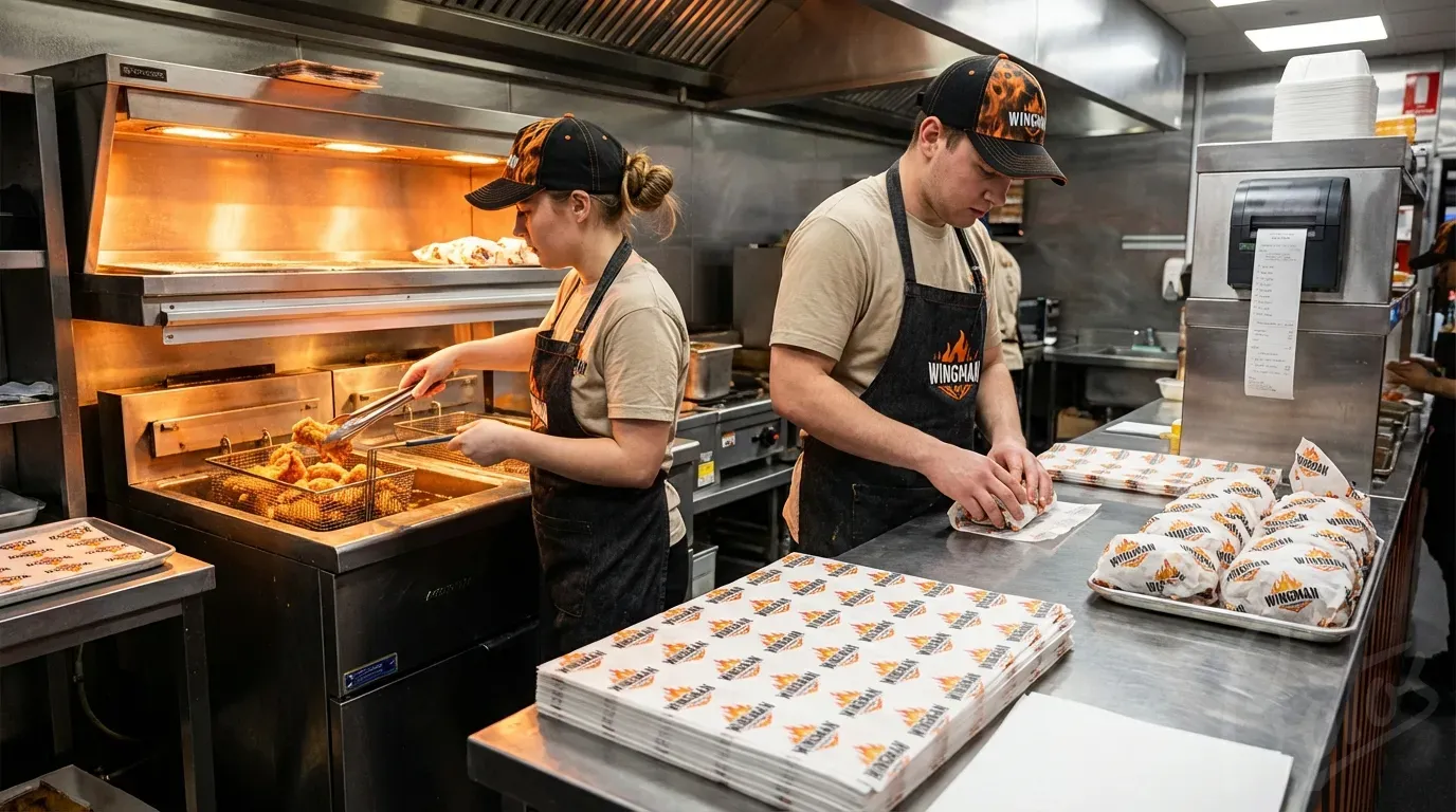 QSR kitchen with staff wrapping food in branded printed greaseproof paper showing consistent branding across chain operations