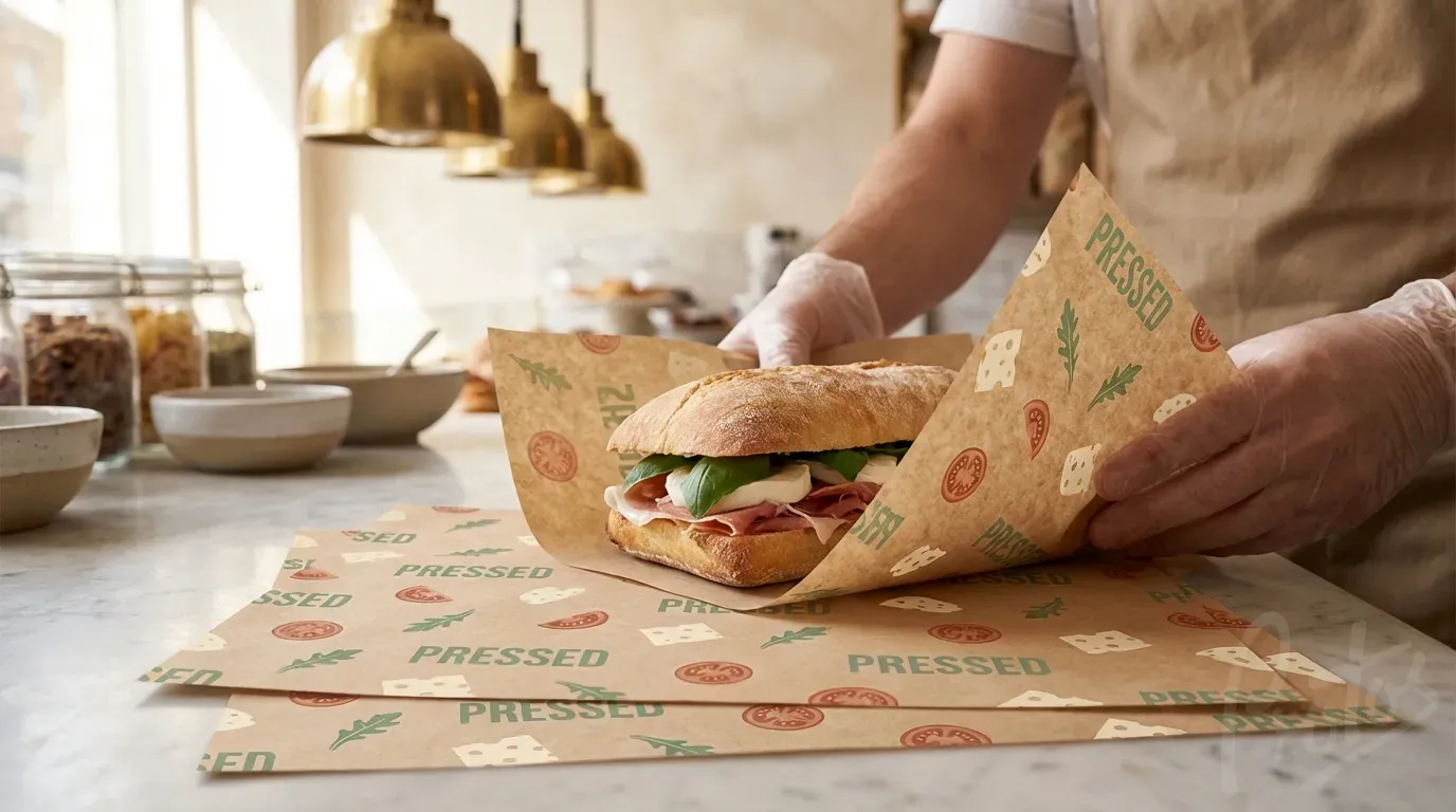 Artisan sandwich wrapped in brown kraft printed greaseproof paper with random repeat branding pattern