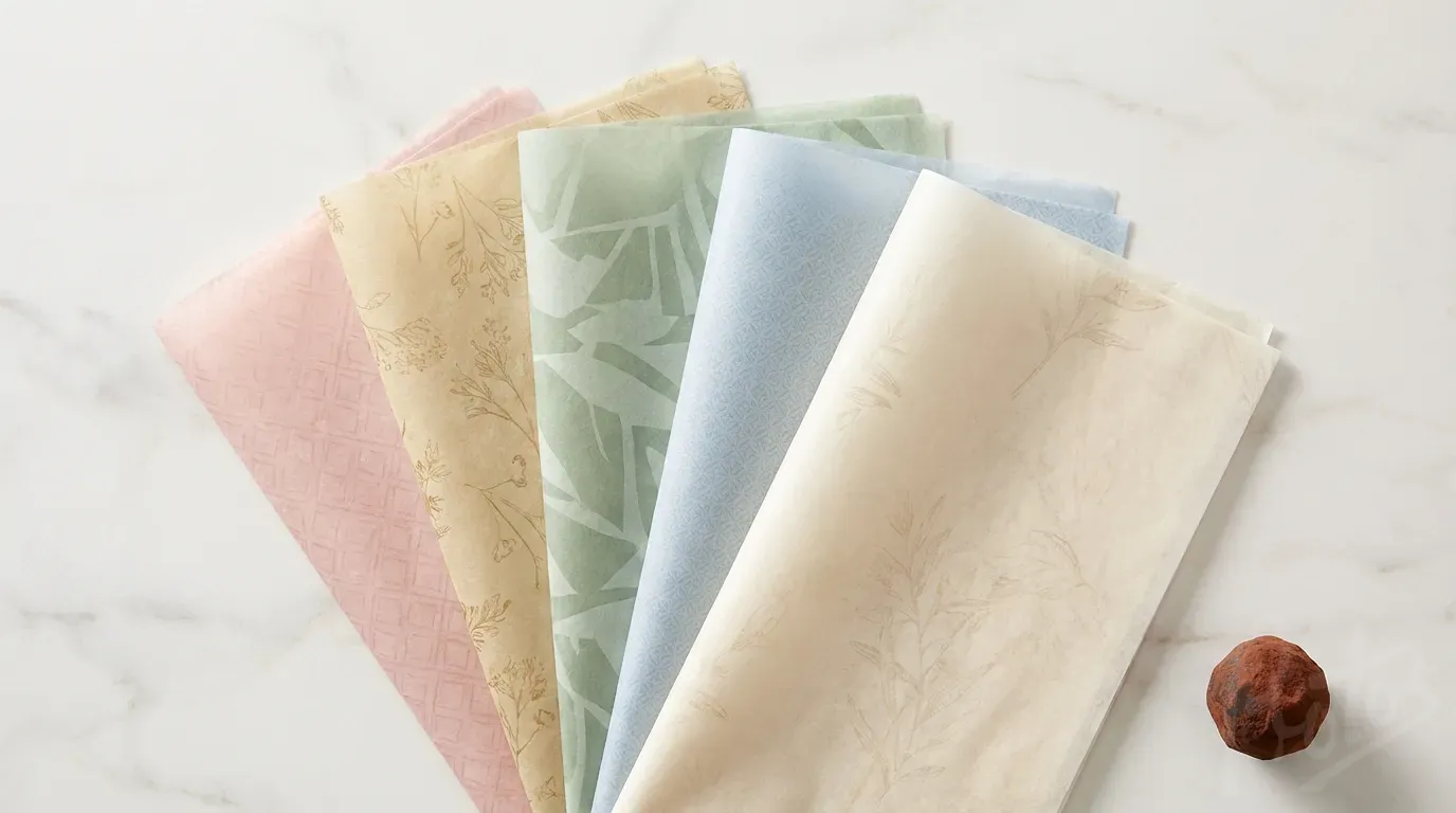 Carta velina stampata in presentazione di scatola regalo di cioccolatini di lusso