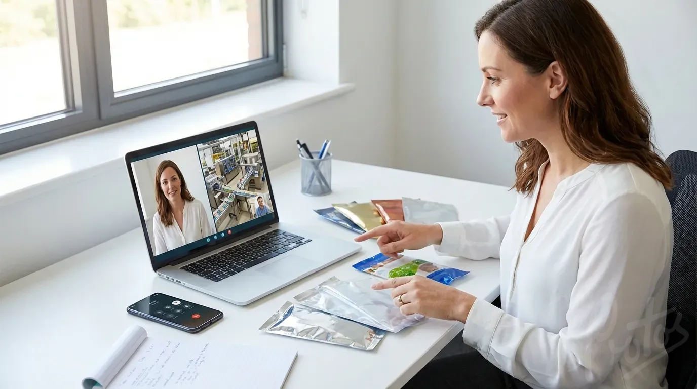 Especialista en envases proporcionando soporte tecnico remoto via videollamada, discutiendo muestras de pelicula con el cliente