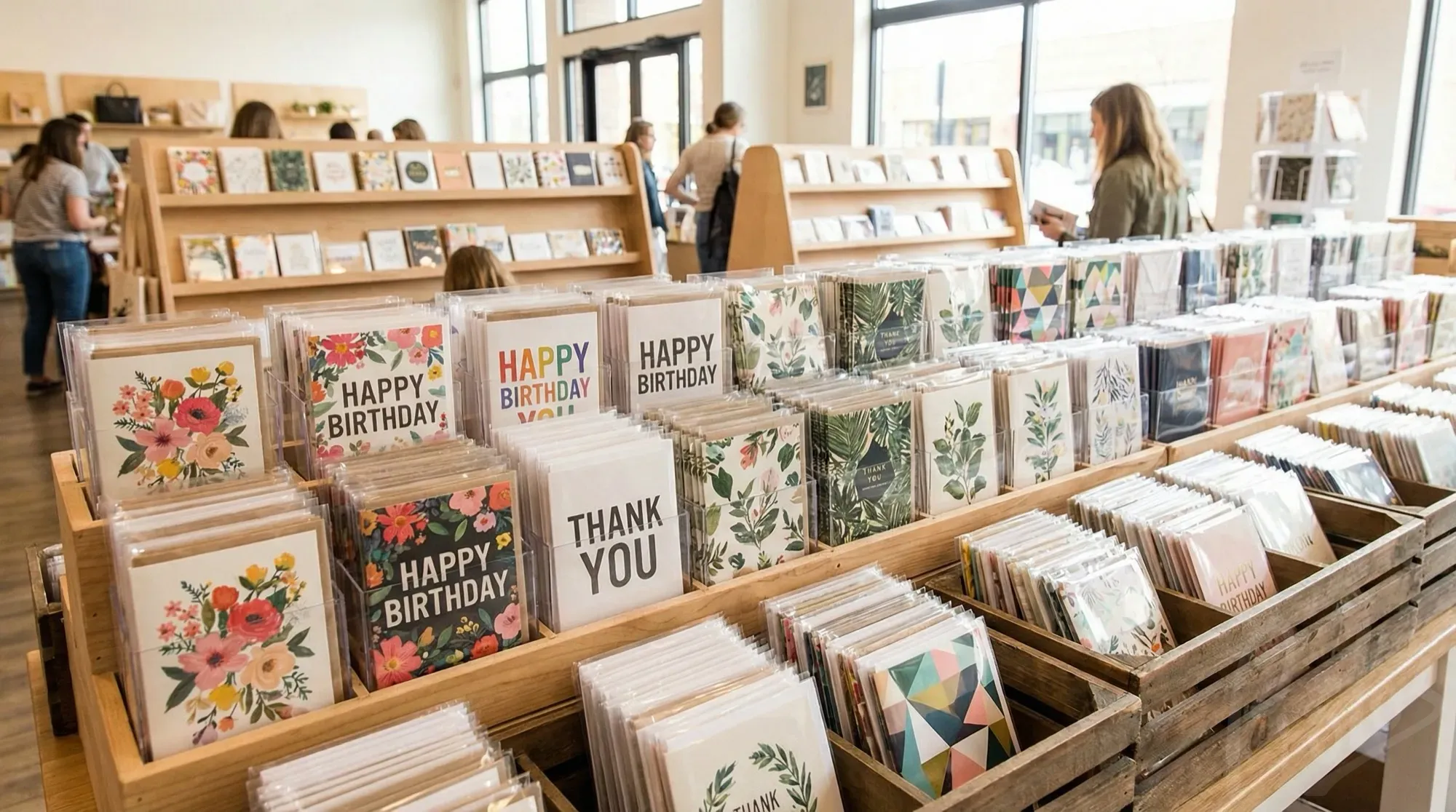 Gruß- und Glückwunschkarten in klaren Seitenschweißbeuteln im Einzelhandelsdisplay