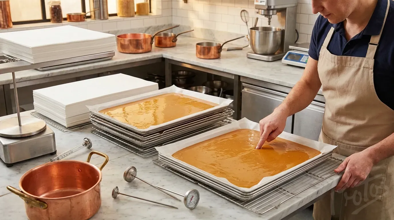 Konditorei-Produktion mit silikonisiertem Papier auf Blechen für Fudge und Toffee