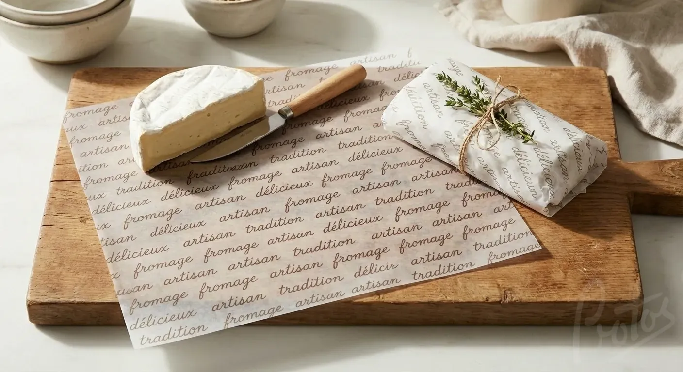 Queso brie envuelto en papel parafinado en tabla de servir de madera