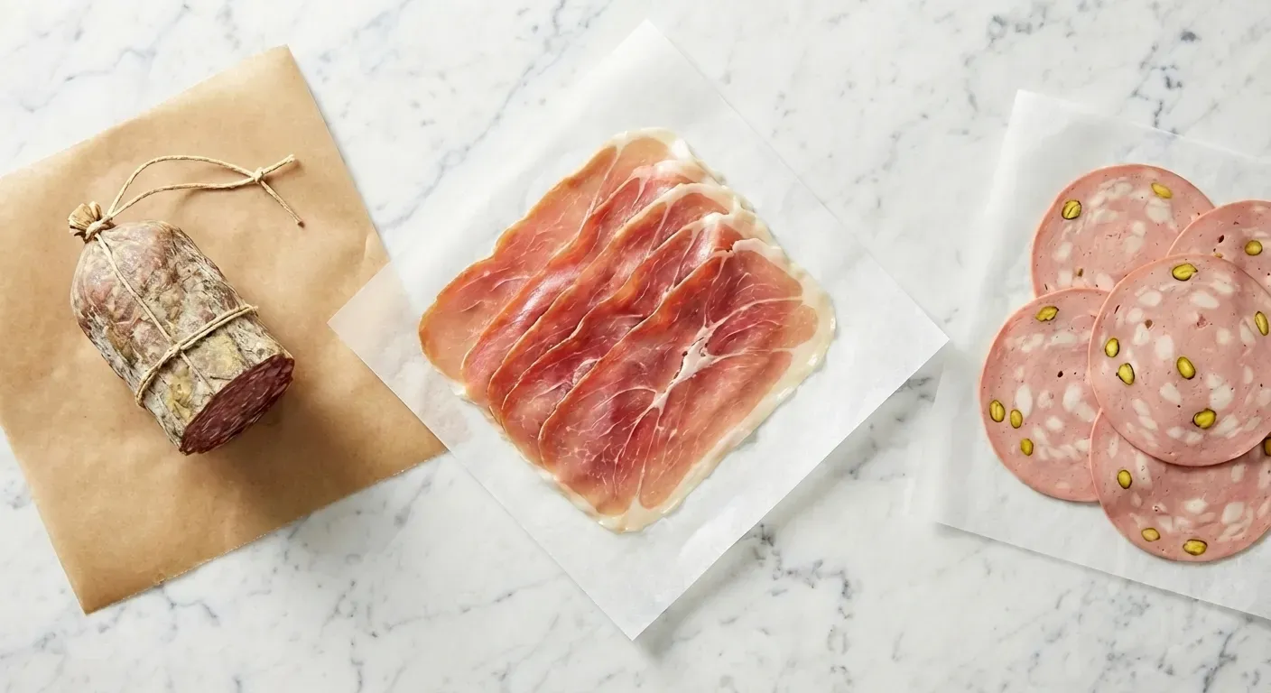 Hojas de papel parafinado usadas para envolver charcutería y embutidos en expositor de mostrador de delicatessen